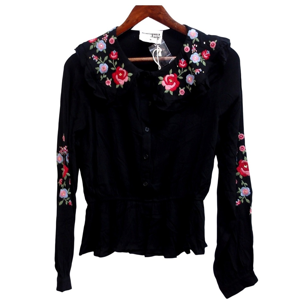 Savanna Jane Black Floral Embroidered Sequin Boho Blouse Top L /#26308
